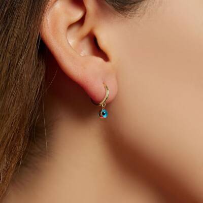 Nazar Boncuğu Sallantılı Altın Halka Küpe - 1