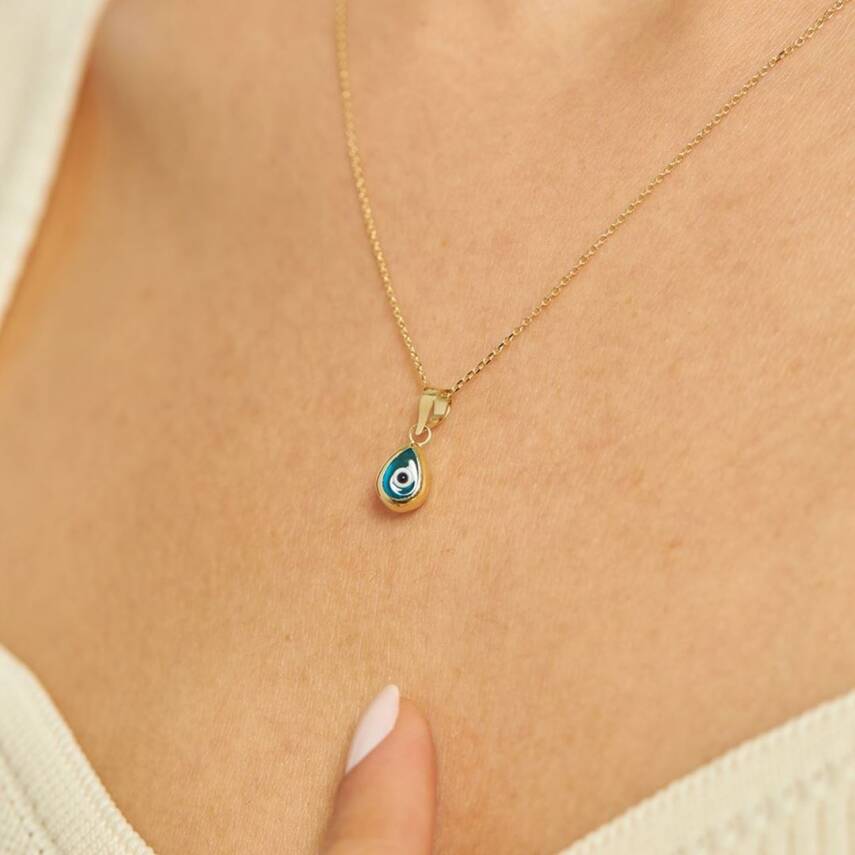 Nazar Boncuklu Damla Altın Kolye - 1