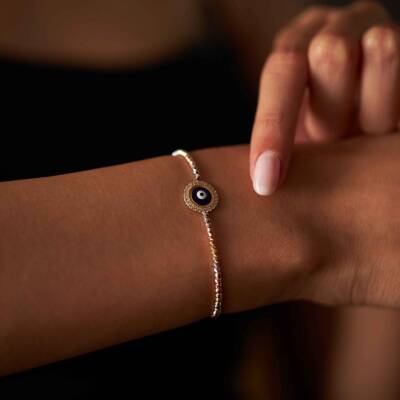 Nazar Boncuklu Dorika Top Zincirli Altın Bileklik - 1