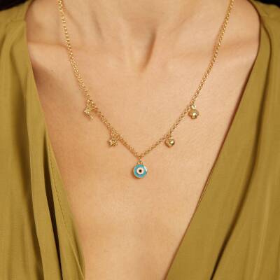 Nazar Boncuklu Figürlü Altın Kolye - 1