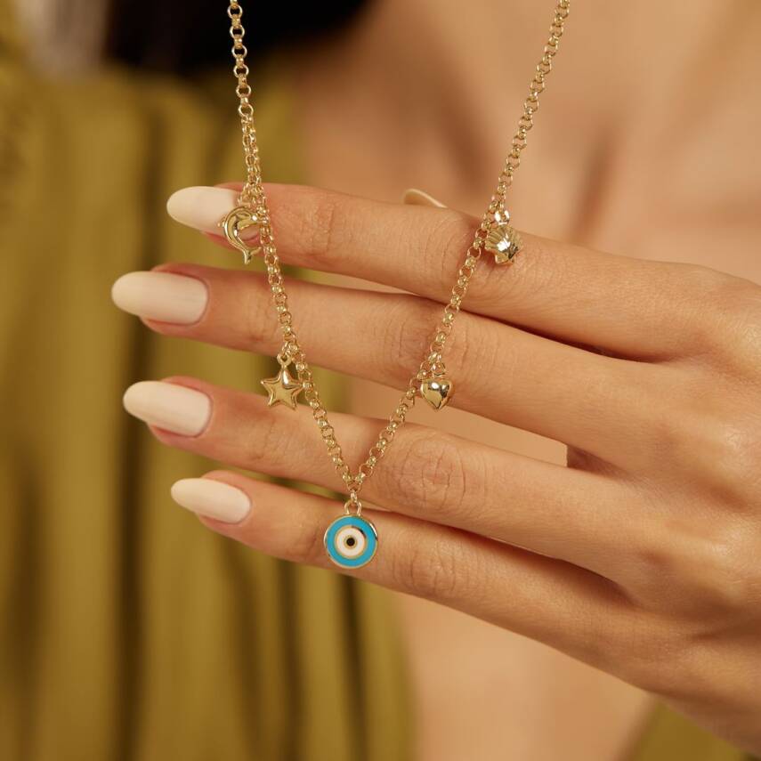 Nazar Boncuklu Figürlü Altın Kolye - 3