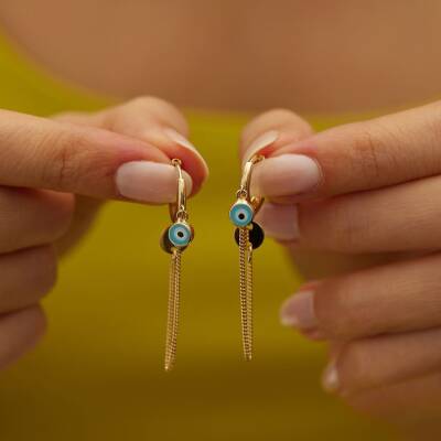 Nazar Boncuklu Sallantılı Altın Küpe - 1