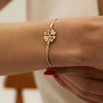 Nazar Boncuklu Yonca Balıksırtı Zincir Altın Bileklik - 1