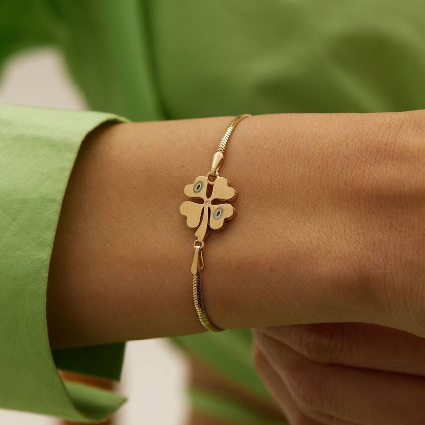 Nazar Boncuklu Yoncalı Balıksırtı Zincir Altın Bileklik - Semih Haşhaş Kuyumculuk