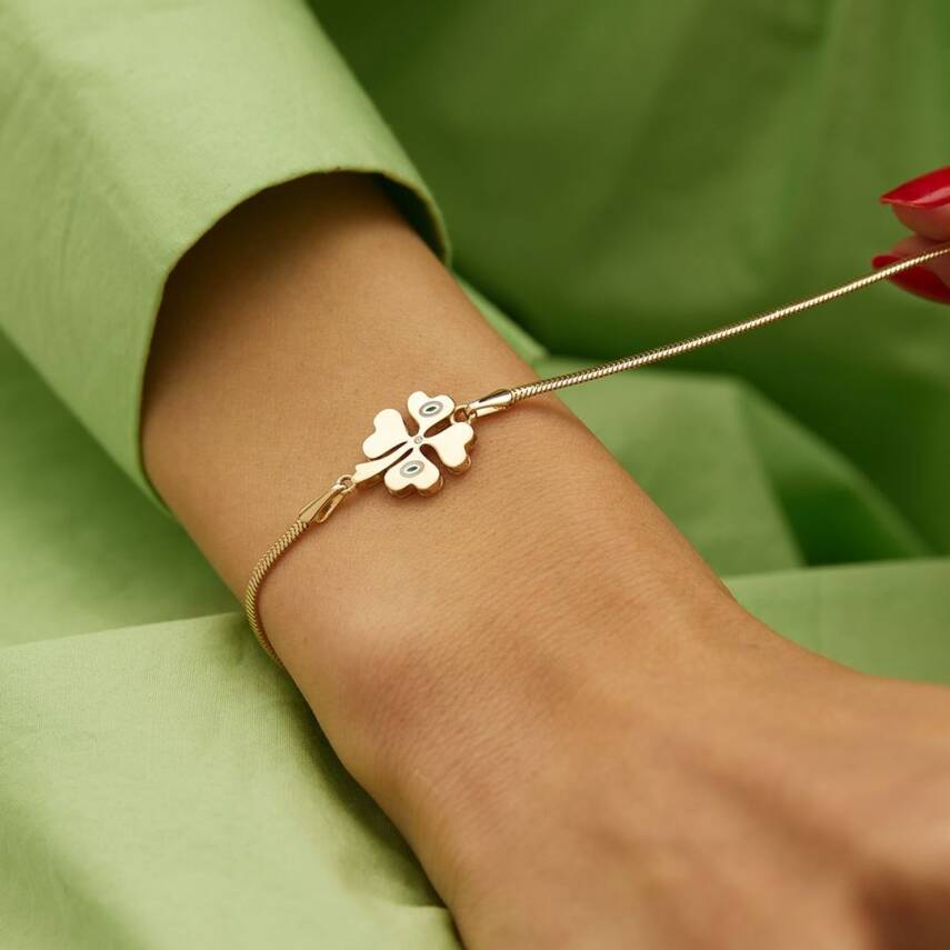 Nazar Boncuklu Yoncalı Balıksırtı Zincir Altın Bileklik - 3