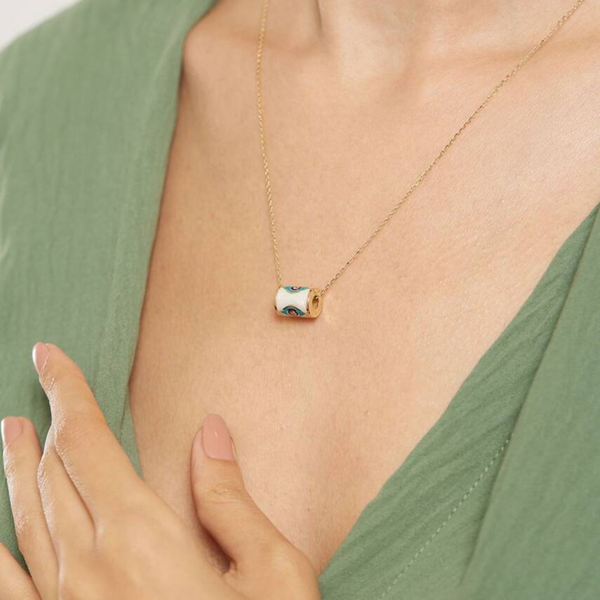 Ortası Beyaz Mineli Nazar Boncuğu Desenli Altın Kolye - Semih Haşhaş Kuyumculuk