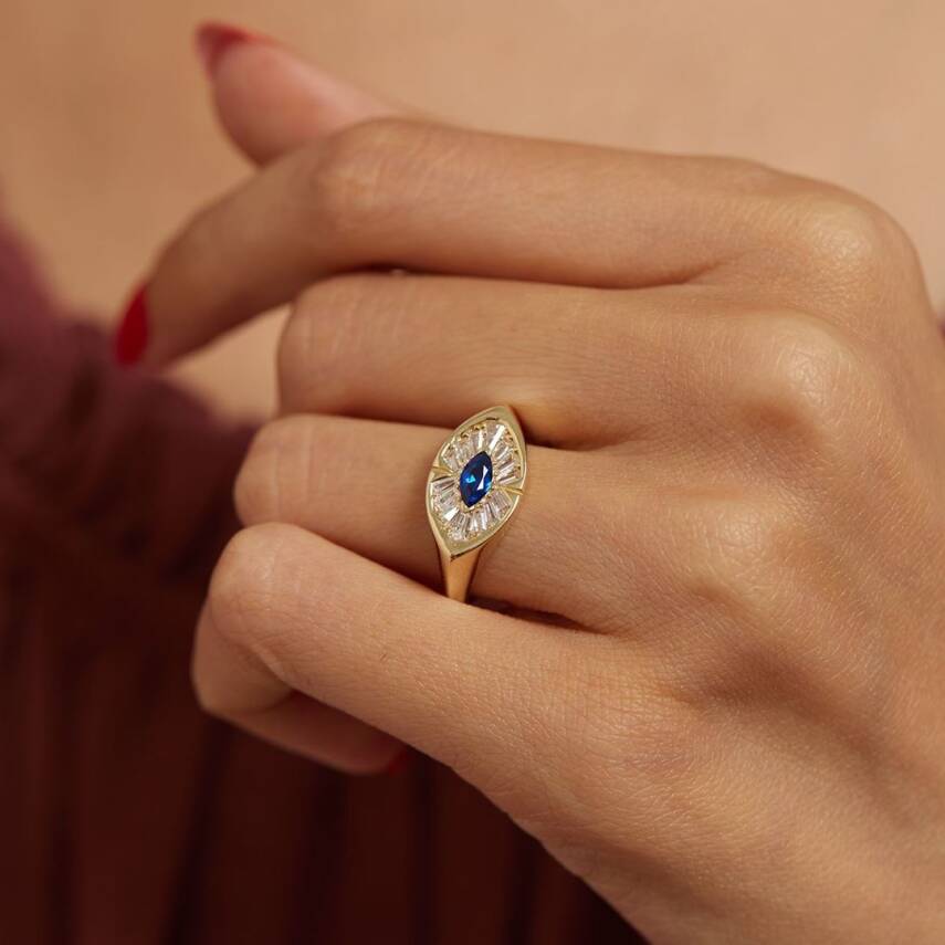 Ortası Mavi Taşlı Şövalye Altın Yüzük - Semih Haşhaş Kuyumculuk