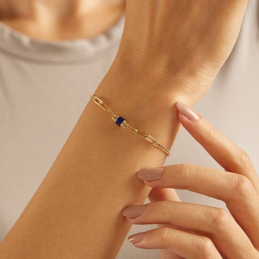 Ortası Lacivert Taşlı Minimal Altın Bileklik - Semih Haşhaş Kuyumculuk