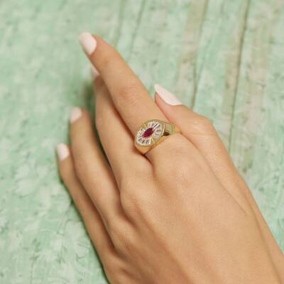 Ortası Pembe Taşlı Şövalye Altın Yüzük - 1