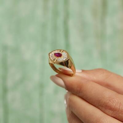 Ortası Pembe Taşlı Şövalye Altın Yüzük - 2
