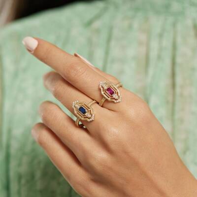 Ortası Pembe Taşlı Tasarım Altın Yüzük - 2