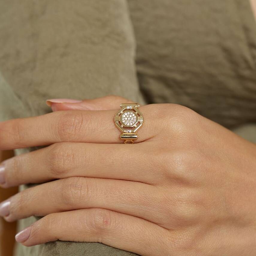 Ortası Taşlı Geometrik Altın Yüzük - 2
