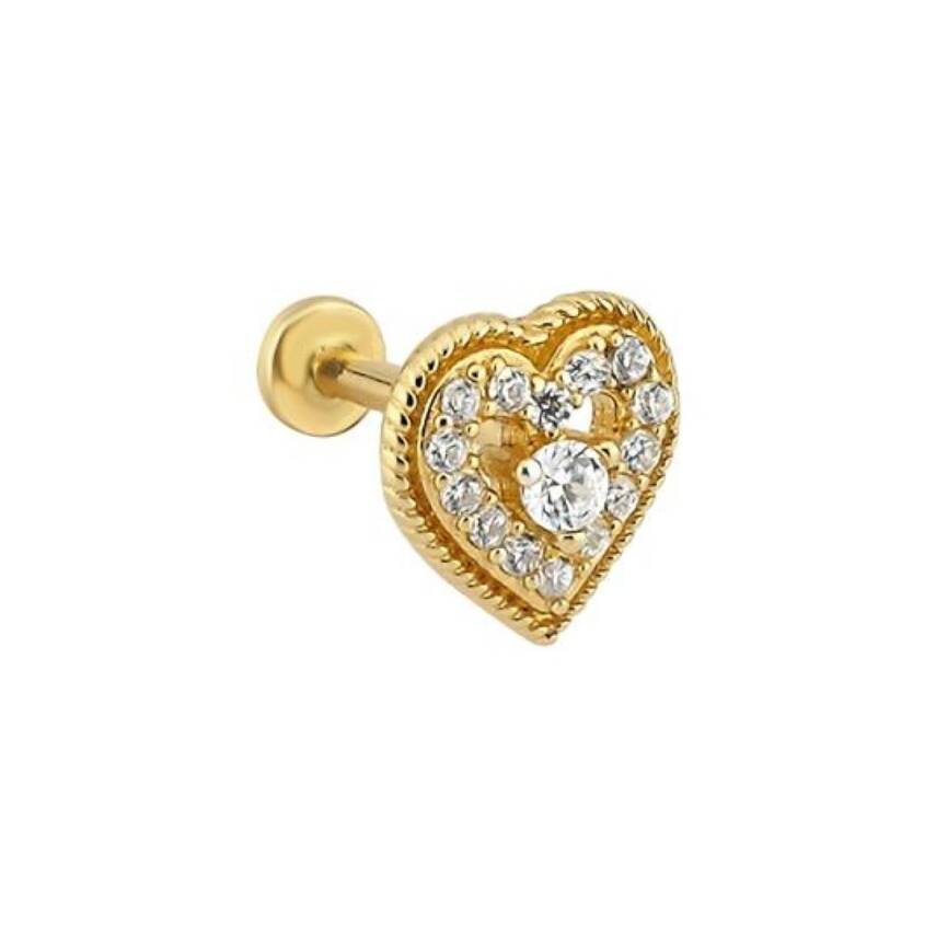 Ortası Taşlı Kalpli Altın Tragus Küpe - 1