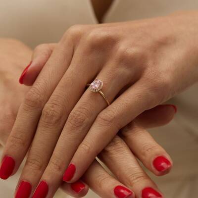 Oval Pembe Baget Taşlı Altın Yüzük - 2