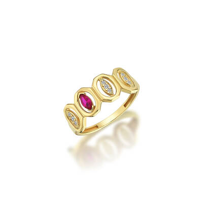 Oval Pembe Taşlı Altın Yüzük - 1