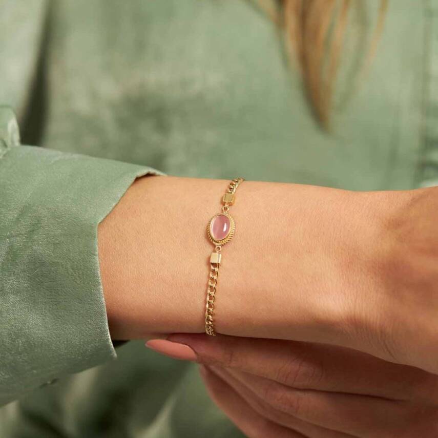 Oval Pembe Taşlı Gurmet Zincir Altın Bileklik - Semih Haşhaş Kuyumculuk