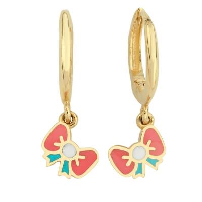 Pembe Beyaz Mineli Kurdele Sallantılı Altın Çocuk Küpesi - 1