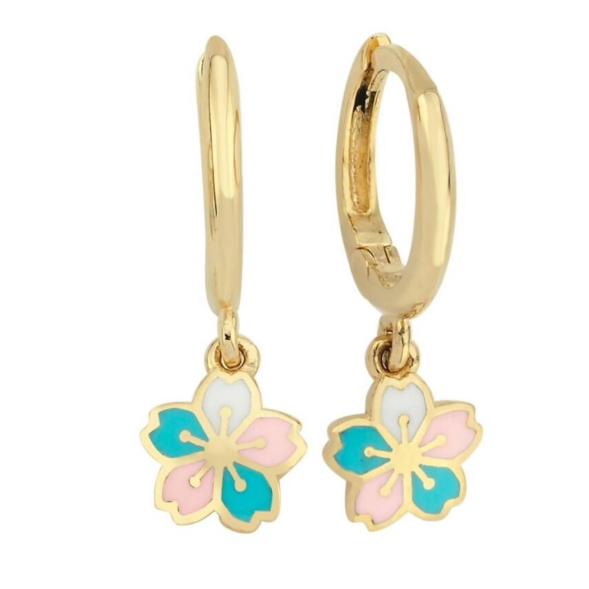 Pembe Mavi Beyaz Mineli Çiçek Sallantılı Altın Çocuk Küpesi - 1