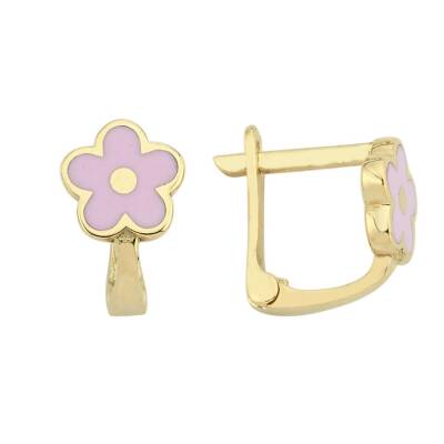 Pembe Mineli Çiçek Altın Çocuk Küpesi - 1