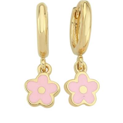 Pembe Mineli Çiçek Sallantılı Altın Çocuk Küpesi - 1