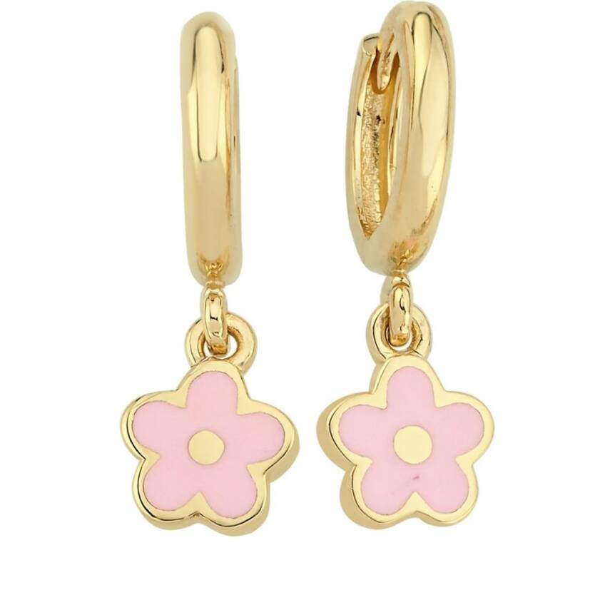 Pembe Mineli Çiçek Sallantılı Altın Çocuk Küpesi - 1