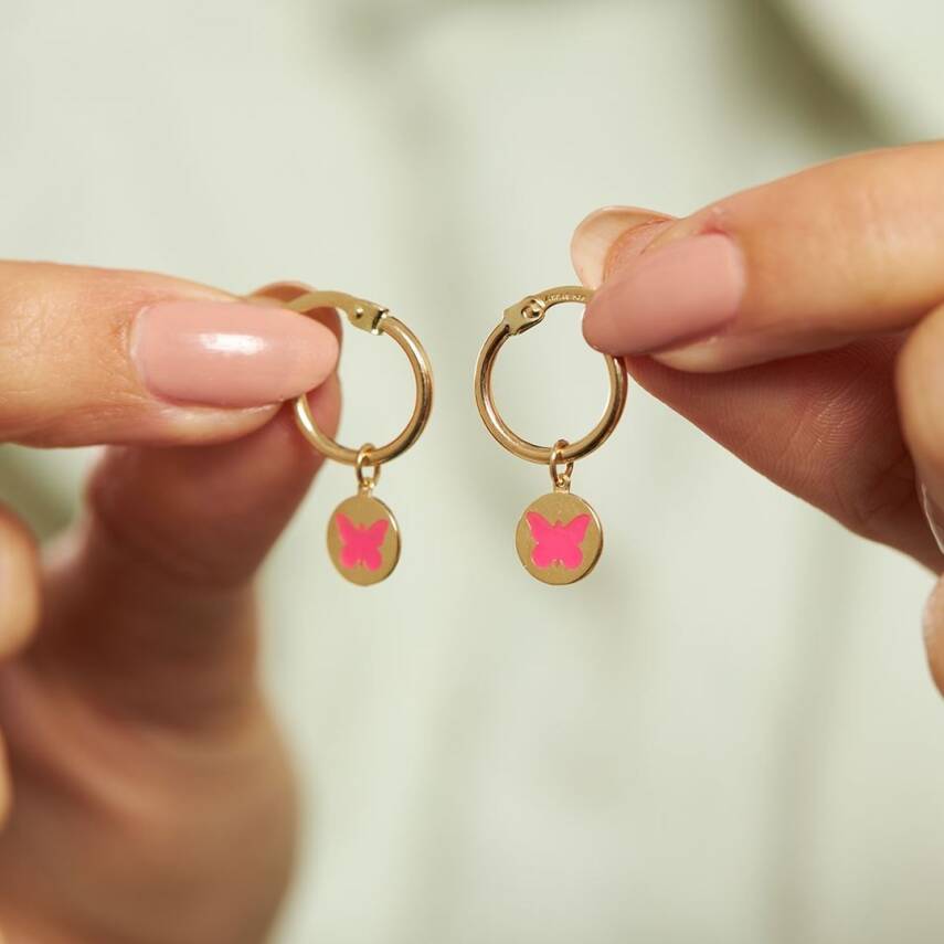 Pembe Mineli Kelebek Sallantılı Altın Küpe - Semih Haşhaş Kuyumculuk