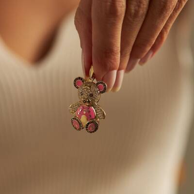 Pembe Mineli Taşlı Ayıcık Altın Kolye Ucu - 1