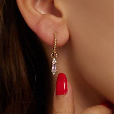 Pembe Taş Sallantılı Altın Küpe - 1