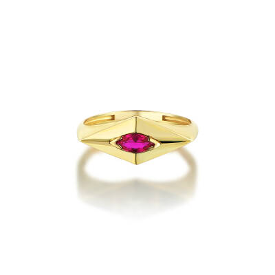 Pembe Taşlı Altın Çizgi Yüzük - 1