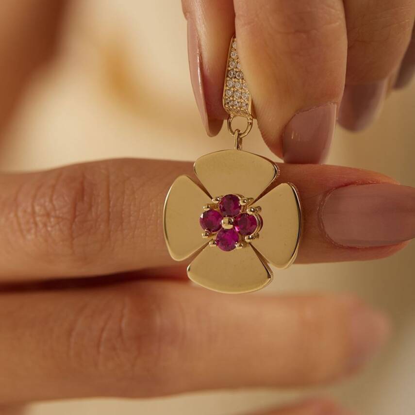 Pembe Taşlı Çiçek Altın Kolye Ucu - Semih Haşhaş Kuyumculuk