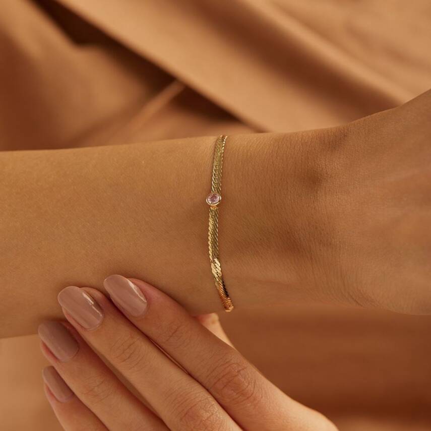 Pembe Taşlı Ezme Gurmet Zincir Altın Bileklik - Semih Haşhaş Kuyumculuk