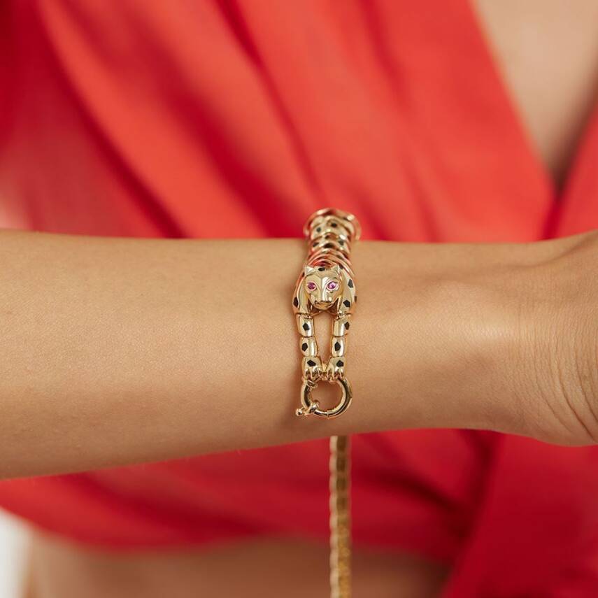 Pembe Taşlı Kaplan Altın Bileklik - Cetaş 