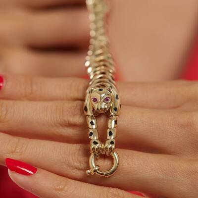 Pembe Taşlı Kaplan Altın Bileklik - 4