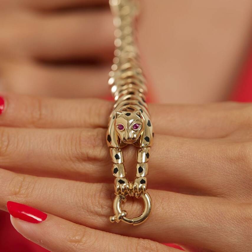 Pembe Taşlı Kaplan Altın Bileklik - 4