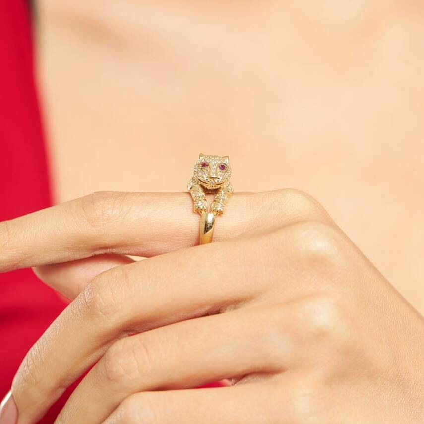 Pembe Taşlı Kaplan CETAŞ Altın Yüzük - 1