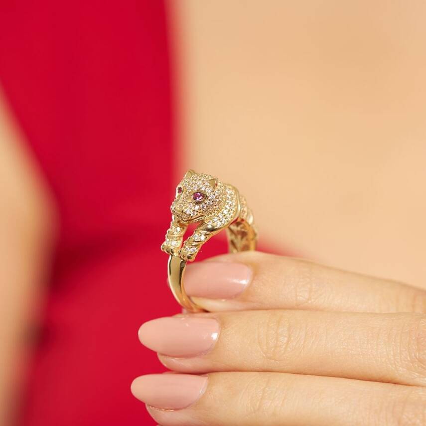 Pembe Taşlı Kaplan CETAŞ Altın Yüzük - 2