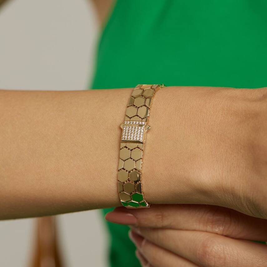 Petek Desenli Altın Tasarım Bileklik - 1