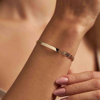 Plakalı Üç Renk Kare Zincirli Altın Bileklik - 1