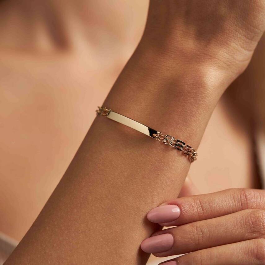 Plakalı Üç Renk Kare Zincirli Altın Bileklik - Semih Haşhaş Kuyumculuk