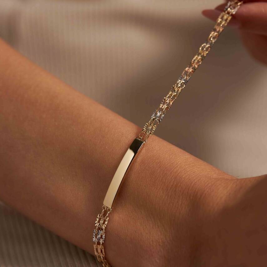 Plakalı Üç Renk Kare Zincirli Altın Bileklik - Semih Haşhaş Kuyumculuk (1)