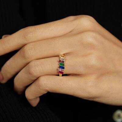Renkli Baget Taşlı Minimal Altın Yüzük - 1