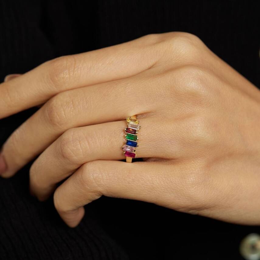 Renkli Baget Taşlı Minimal Altın Yüzük - 1