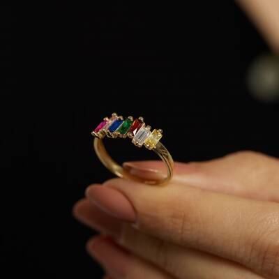 Renkli Baget Taşlı Minimal Altın Yüzük - 2