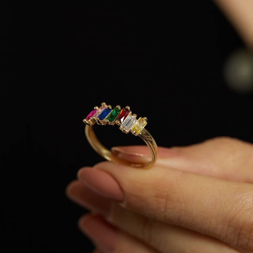 Renkli Baget Taşlı Minimal Altın Yüzük - 2
