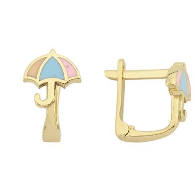 Renkli Mineli Şemsiye Figürlü Altın Çocuk Küpesi - 1