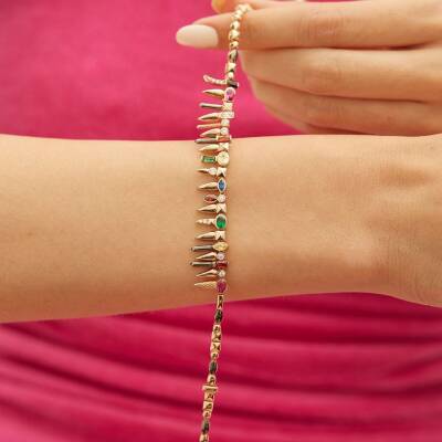 Renkli Taş Dizili Sallantılı Altın Bileklik - 1