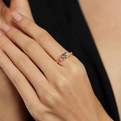 Renkli Taşlı Altın Tasarım Yüzük - 1