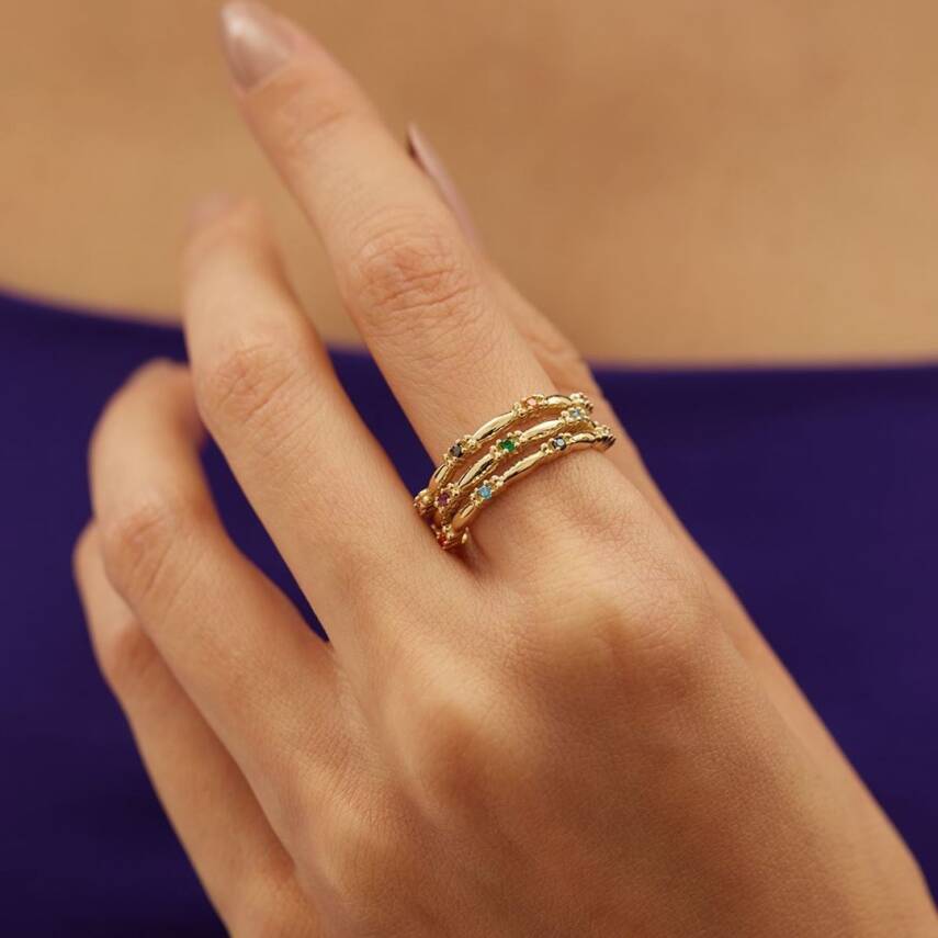 Renkli Taşlı Sarmal Altın Yüzük - 1