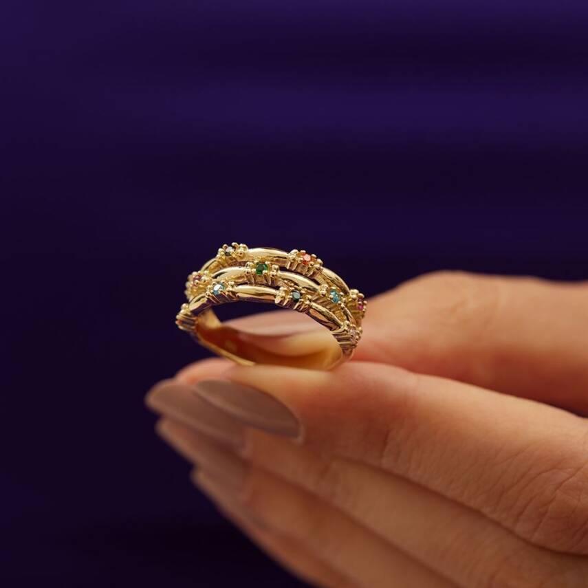 Renkli Taşlı Sarmal Altın Yüzük - 2