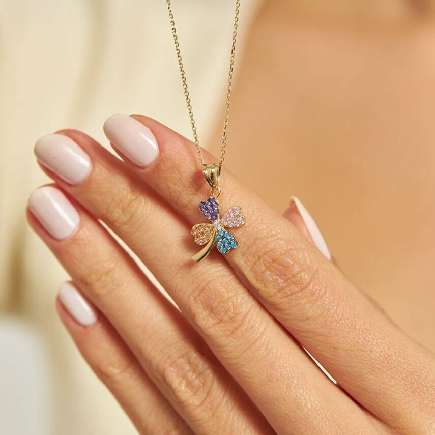 Renkli Taşlı Yonca Altın Kolye Ucu - Semih Haşhaş Kuyumculuk (1)